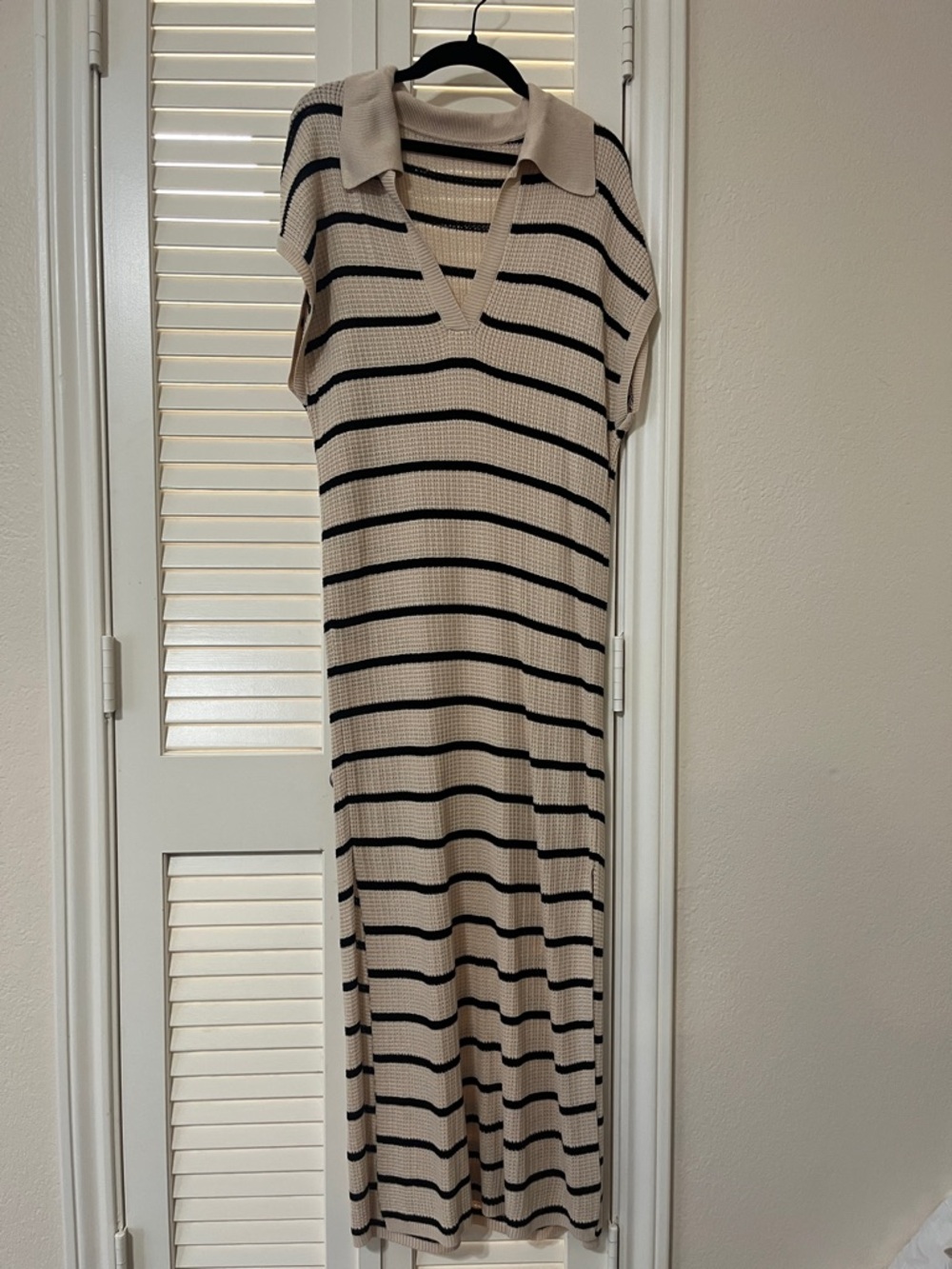 Beige & Black Striped Knit Polo Dress